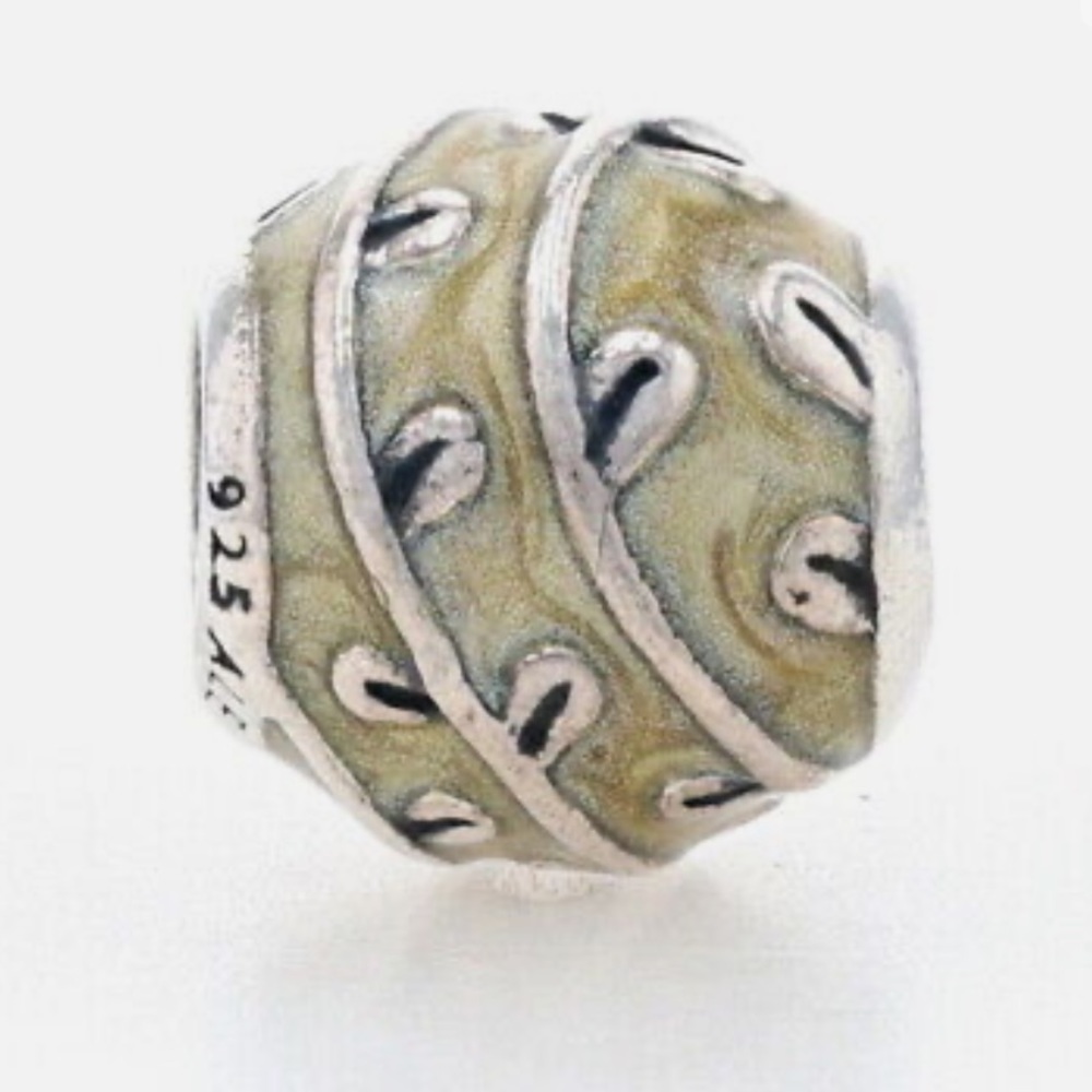 Authentic Pandora Silver Beige Green Enamel Vines Barrel Charm